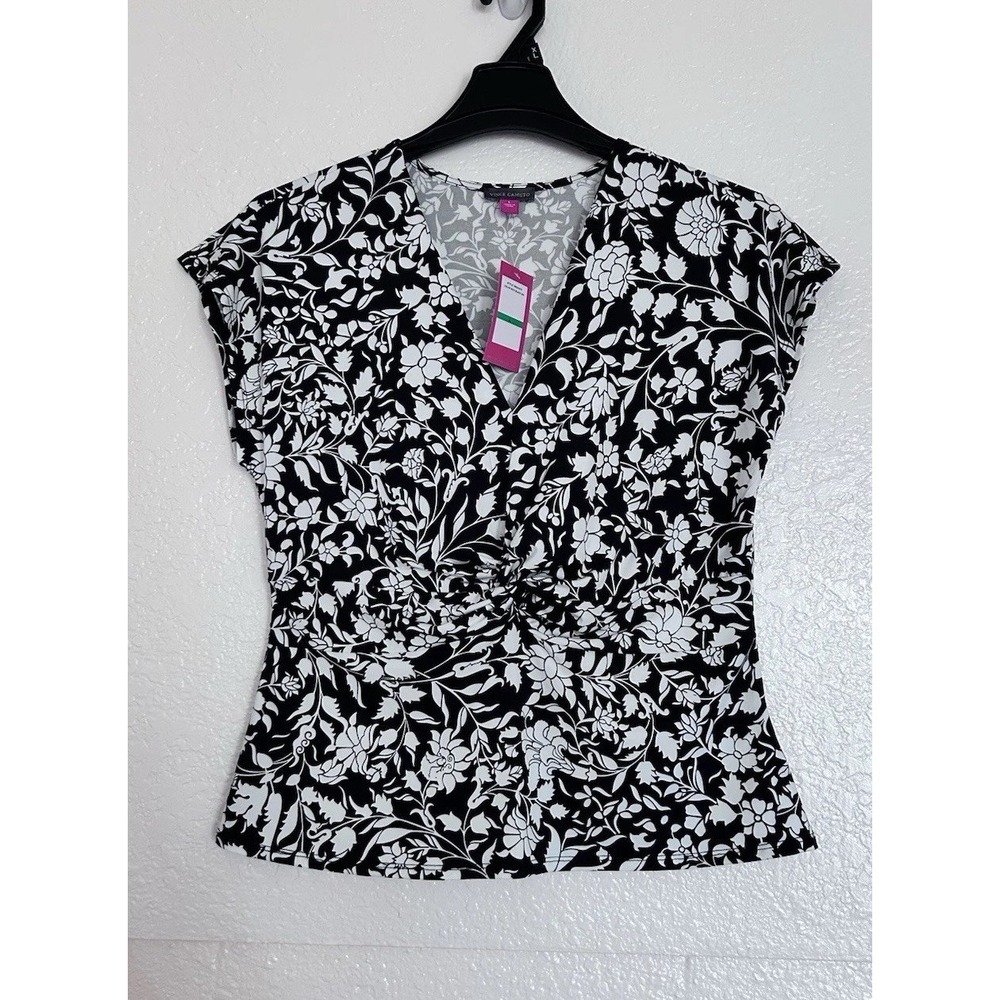 Vince Camuto Top Women's Size M Black White Floral V-Neck Dolman Sleeve Babydoll